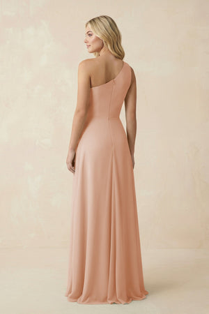 One - Shoulder Ruched A - Line Chiffon Bridesmaid Dress in Champagne Rose - KISS BRIDAL Bridesmaid Dresses