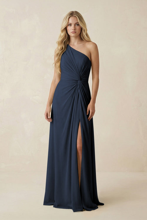 One - Shoulder Ruched A - Line Chiffon Bridesmaid Dress in Dark Navy - KISS BRIDAL Bridesmaid Dresses