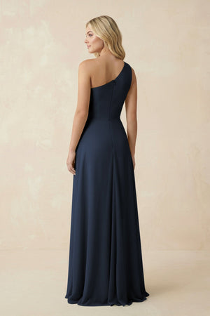 One - Shoulder Ruched A - Line Chiffon Bridesmaid Dress in Dark Navy - KISS BRIDAL Bridesmaid Dresses