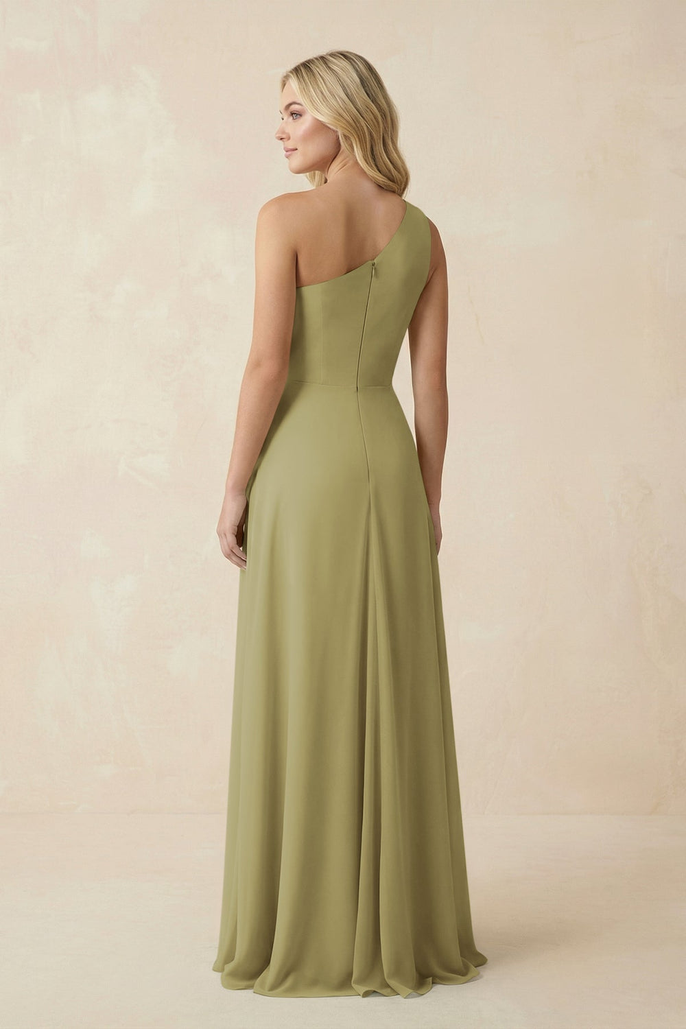 One-Shoulder Ruched A-Line Chiffon Bridesmaid Dress in Moss Green