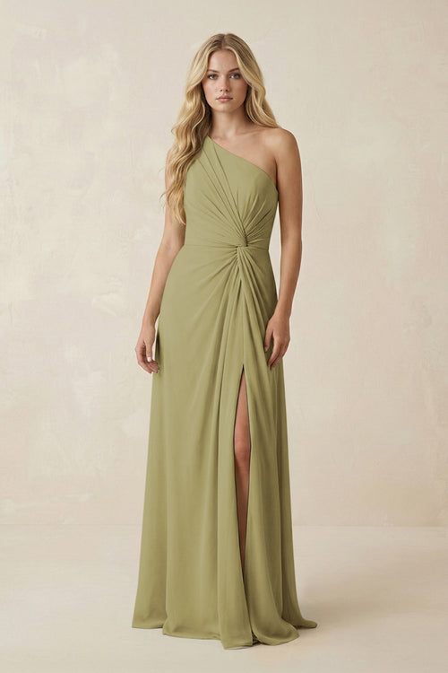 One-Shoulder Ruched A-Line Chiffon Bridesmaid Dress in Moss Green | KISSBRIDAL