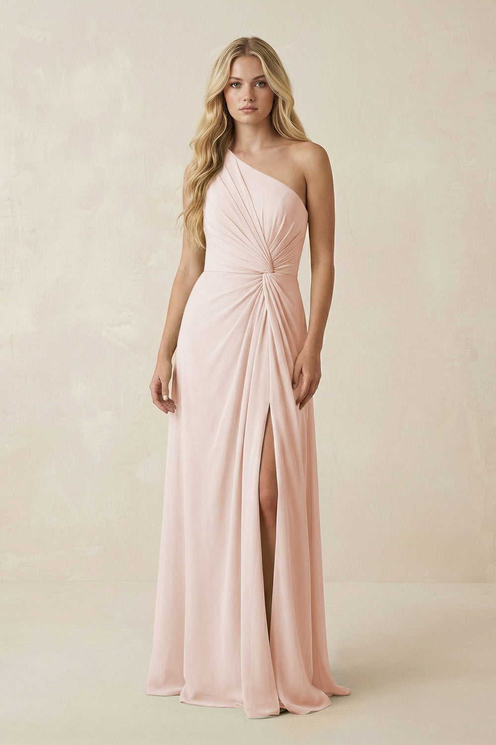 One-Shoulder Ruched A-Line Chiffon Bridesmaid Dress in Pale Blush
