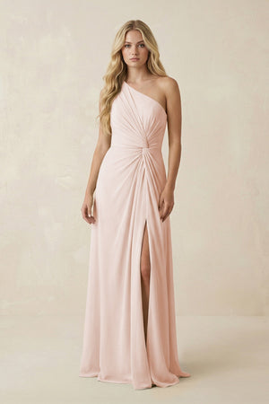One - Shoulder Ruched A - Line Chiffon Bridesmaid Dress in Pale Blush - KISS BRIDAL Bridesmaid Dresses