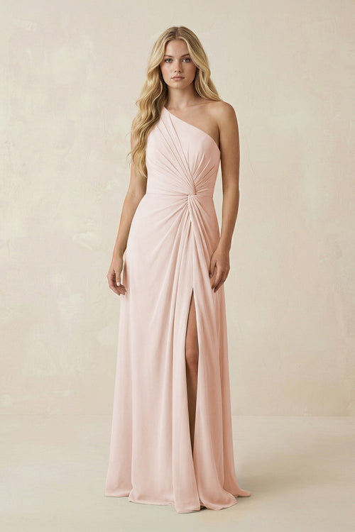 One - Shoulder Ruched A - Line Chiffon Bridesmaid Dress in Pale Blush - KISS BRIDAL Bridesmaid Dresses
