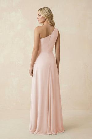 One - Shoulder Ruched A - Line Chiffon Bridesmaid Dress in Pale Blush - KISS BRIDAL Bridesmaid Dresses