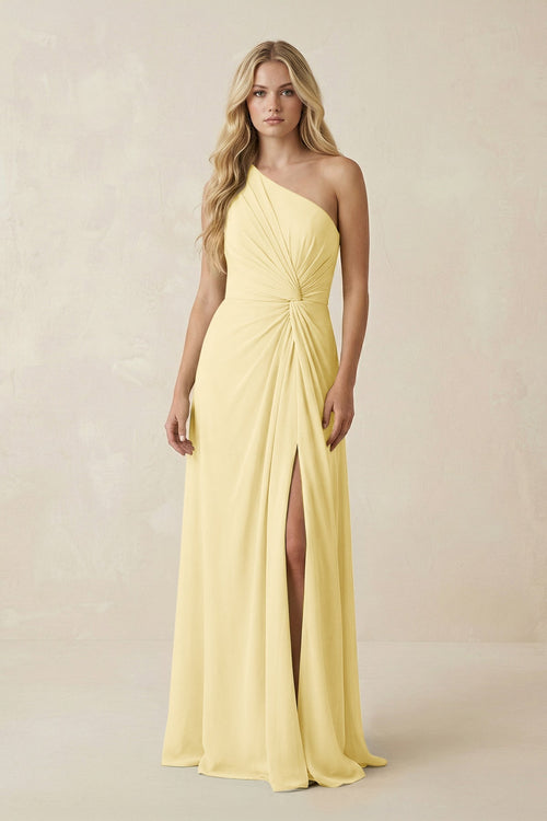 One - Shoulder Ruched A - Line Chiffon Bridesmaid Dress in Pastel Yellow - KISS BRIDAL Bridesmaid Dresses