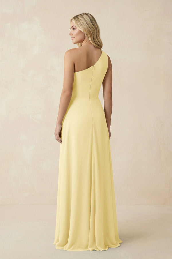 One - Shoulder Ruched A - Line Chiffon Bridesmaid Dress in Pastel Yellow - KISS BRIDAL Bridesmaid Dresses