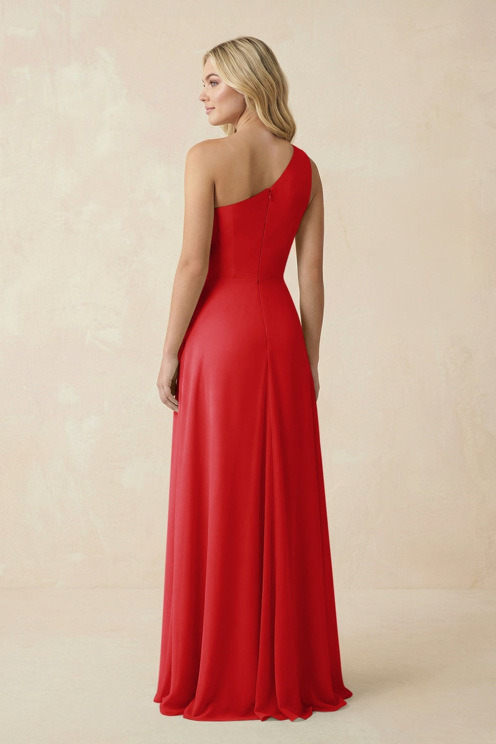 One-Shoulder Ruched A-Line Chiffon Bridesmaid Dress in Ruby Red