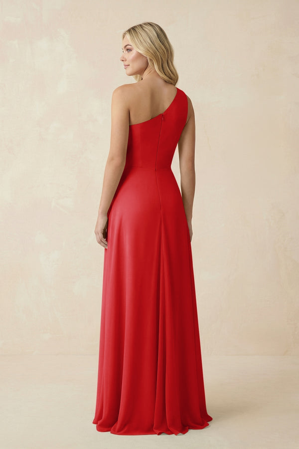 One - Shoulder Ruched A - Line Chiffon Bridesmaid Dress in Ruby Red - KISS BRIDAL Bridesmaid Dresses