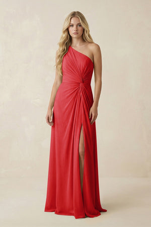 One - Shoulder Ruched A - Line Chiffon Bridesmaid Dress in Ruby Red - KISS BRIDAL Bridesmaid Dresses