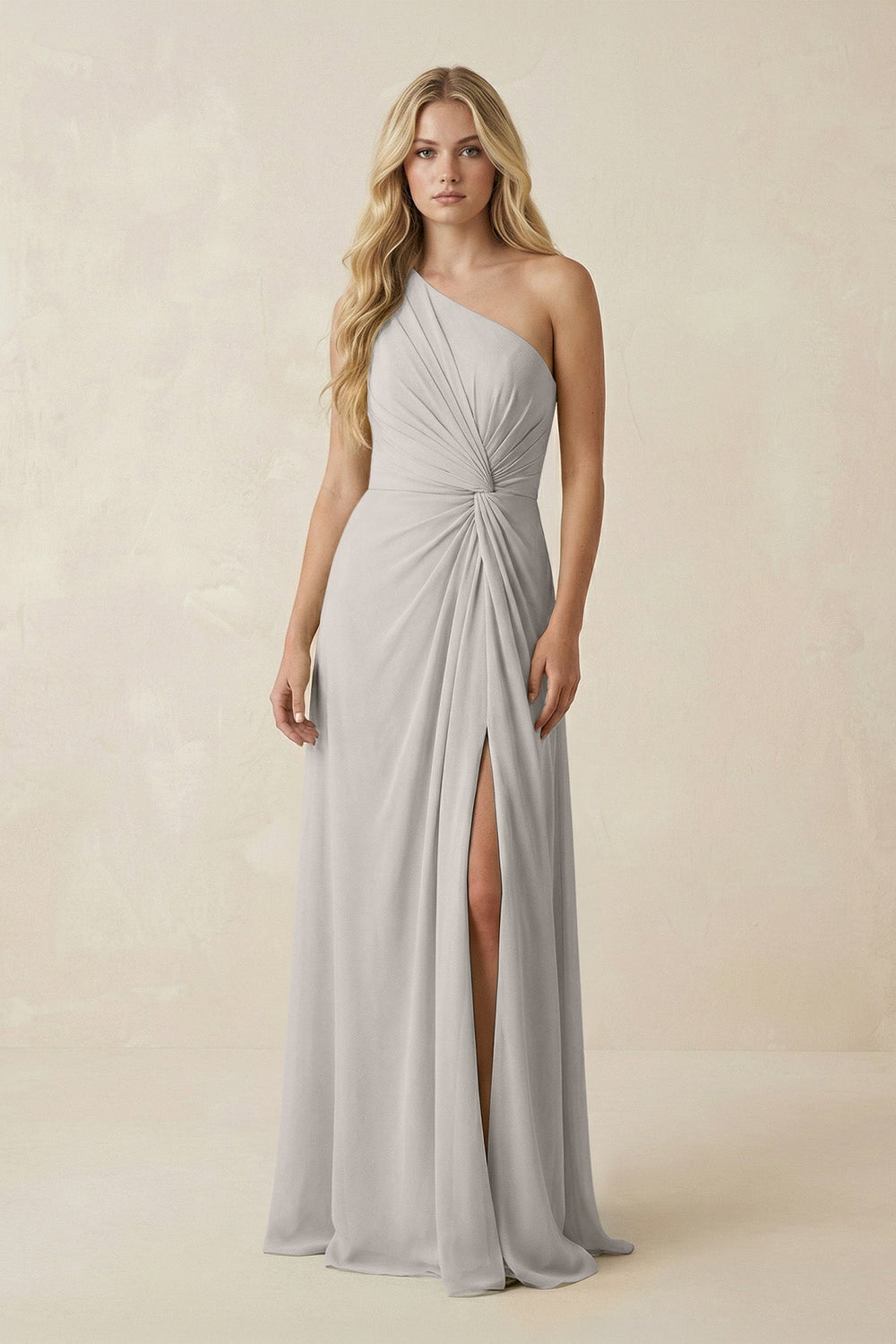 One-Shoulder Ruched A-Line Chiffon Bridesmaid Dress in Silver