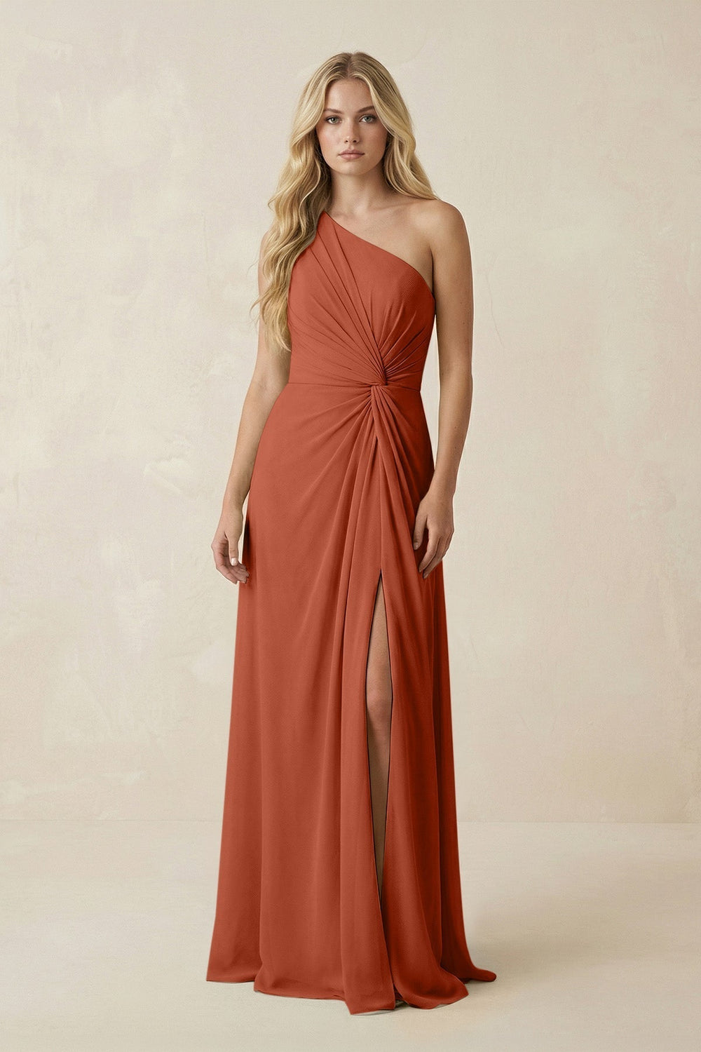 One-Shoulder Ruched A-Line Chiffon Bridesmaid Dress in Spice