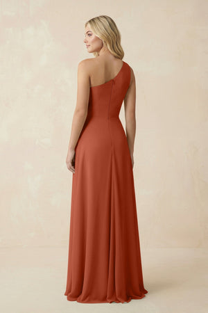 One - Shoulder Ruched A - Line Chiffon Bridesmaid Dress in Spice - KISS BRIDAL Bridesmaid Dresses