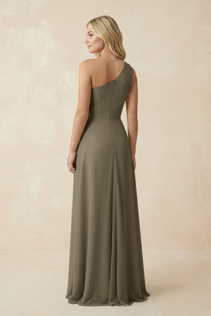 One - Shoulder Ruched A - Line Chiffon Bridesmaid Dress in Willow Green - KISS BRIDAL Bridesmaid Dresses