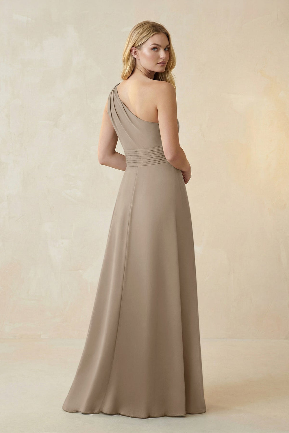 One-Shoulder Ruched A-Line Satin Bridesmaid Dress in Almond