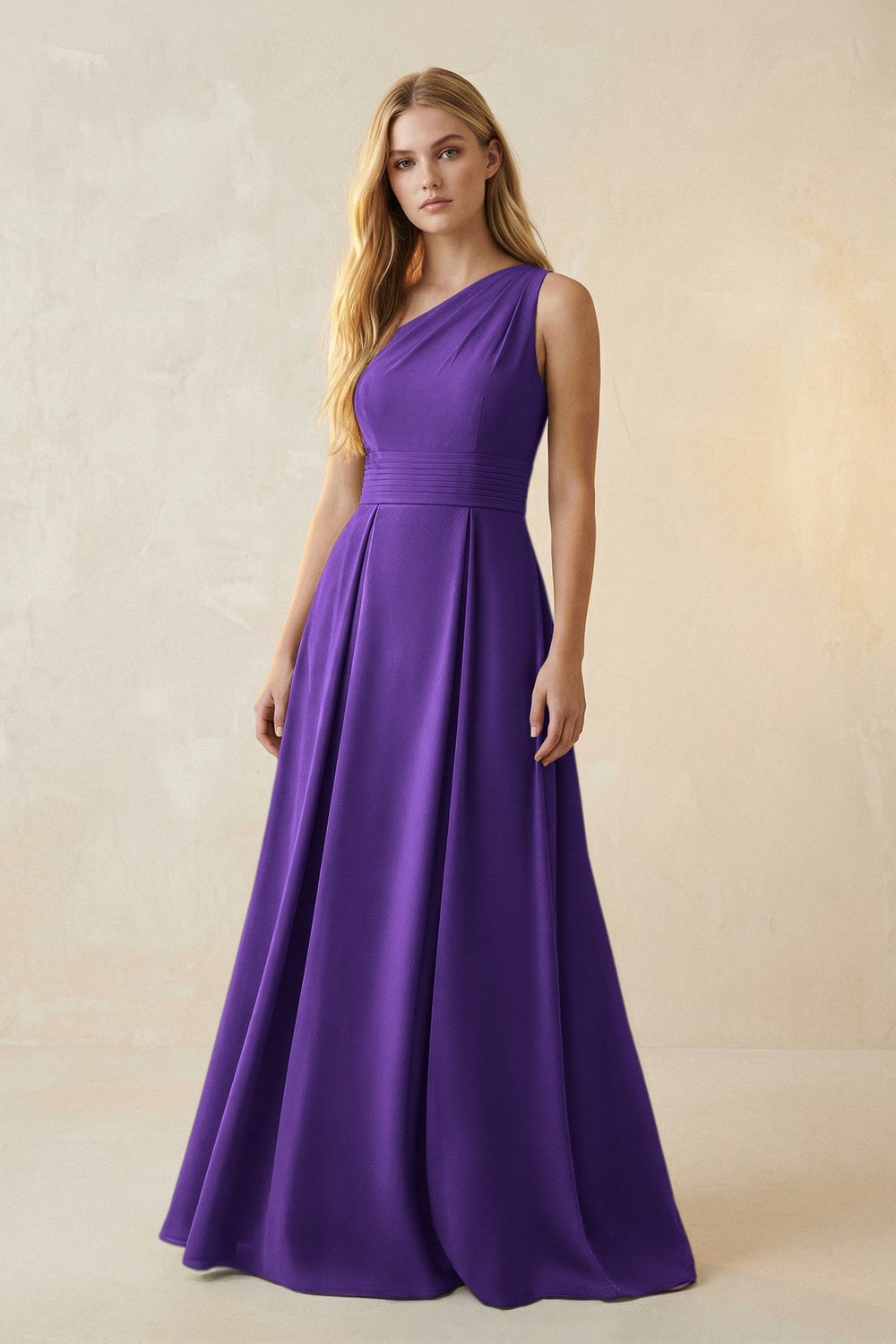 One-Shoulder Ruched A-Line Satin Bridesmaid Dress in Amethyst