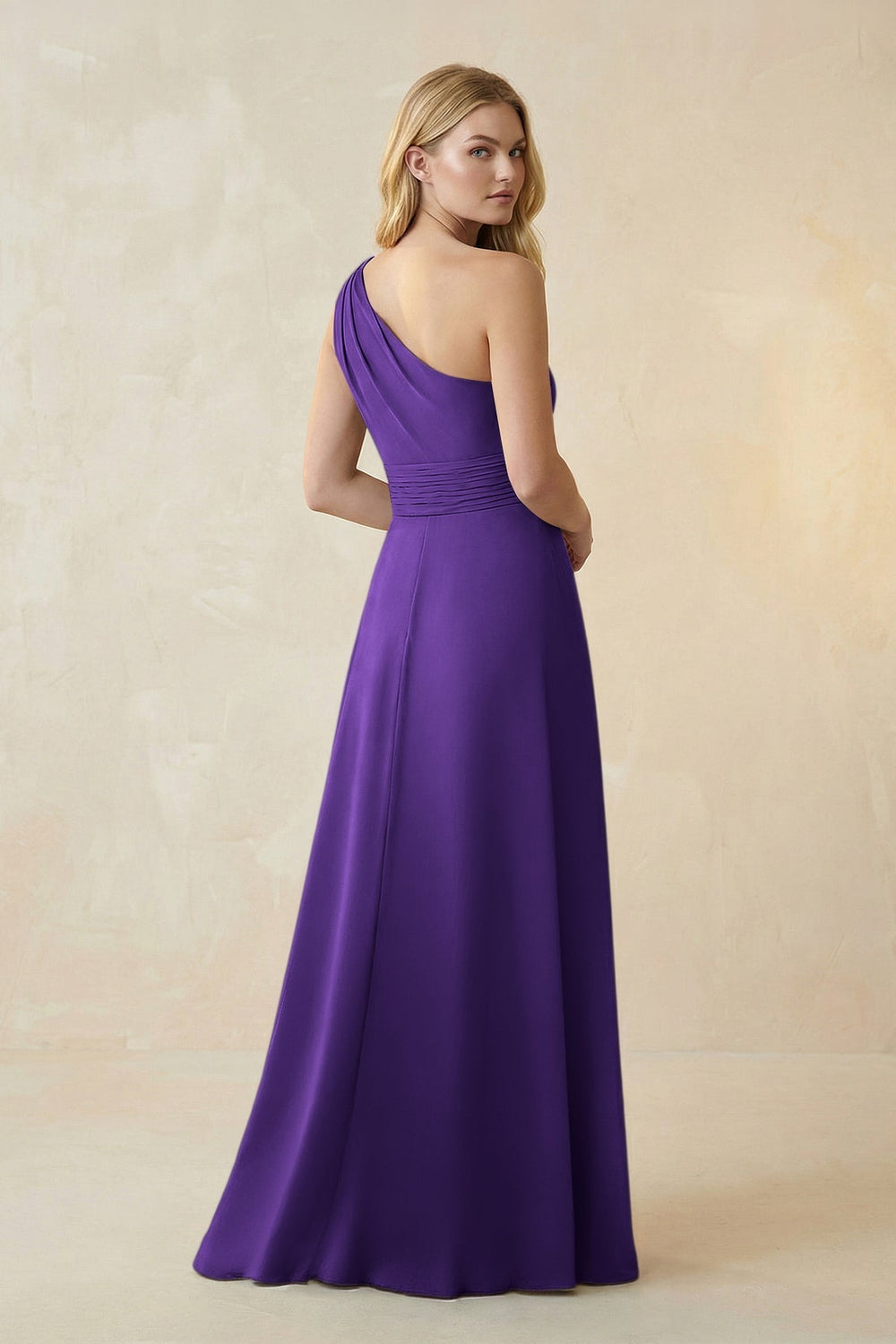 One-Shoulder Ruched A-Line Satin Bridesmaid Dress in Amethyst