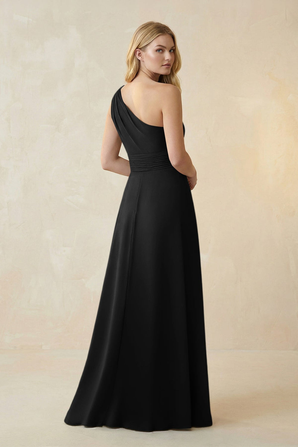 One-Shoulder Ruched A-Line Satin Bridesmaid Dress in Black