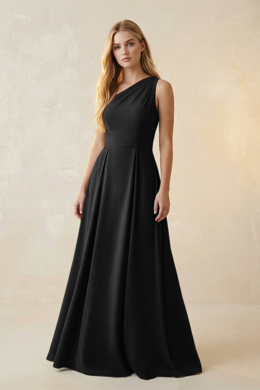 One-Shoulder Ruched A-Line Satin Bridesmaid Dress in Black