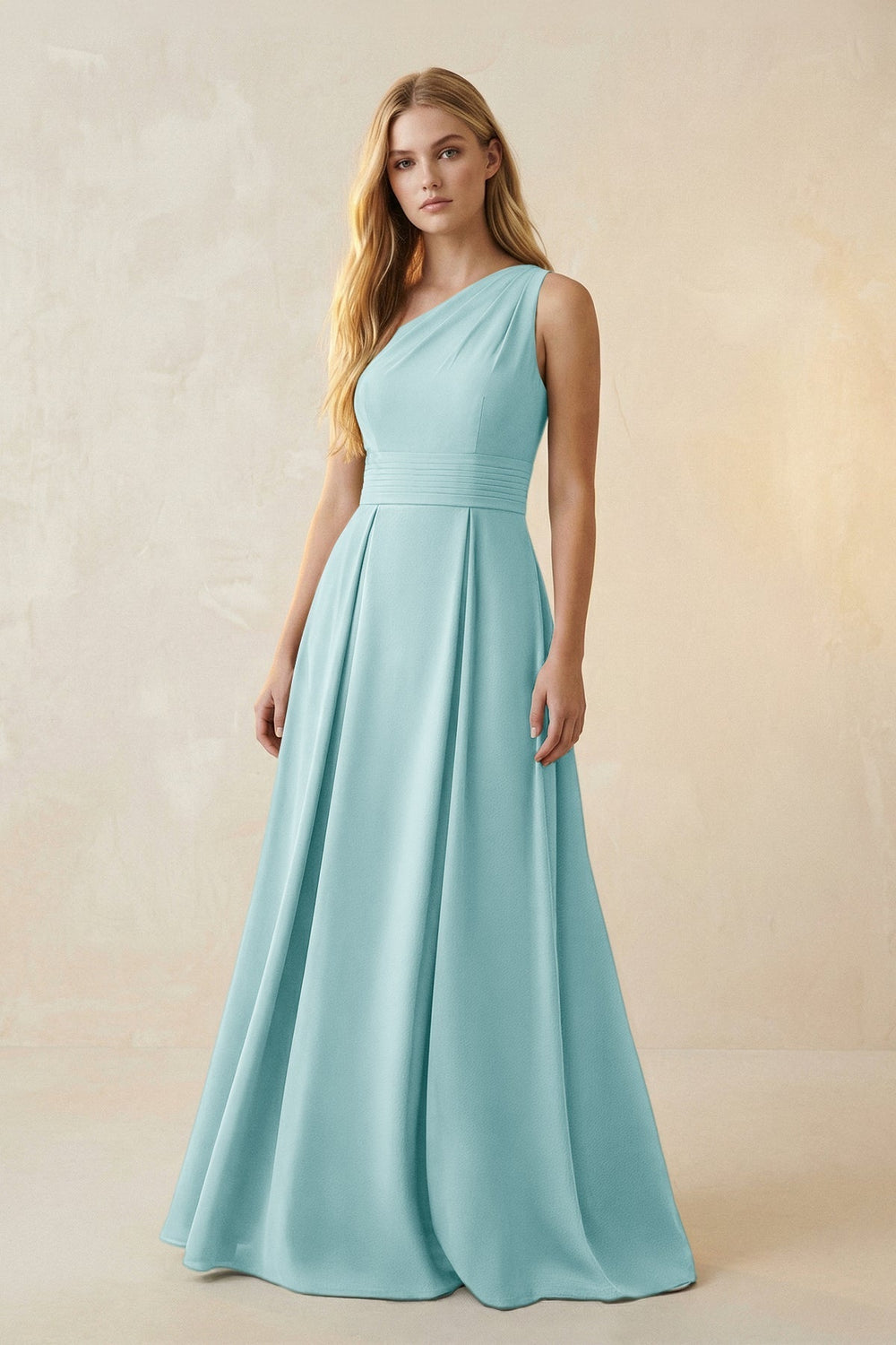 One-Shoulder Ruched A-Line Satin Bridesmaid Dress in Bleached Aqua