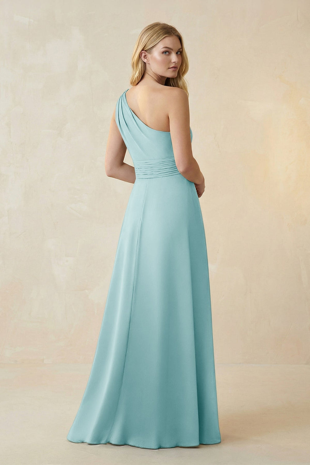 One-Shoulder Ruched A-Line Satin Bridesmaid Dress in Bleached Aqua