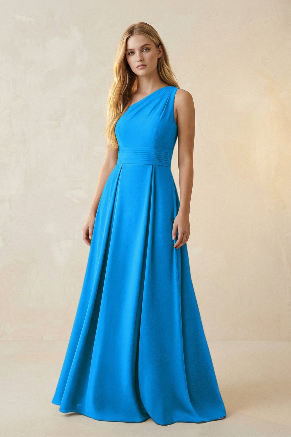 One-Shoulder Ruched A-Line Satin Bridesmaid Dress in Blue Jay
