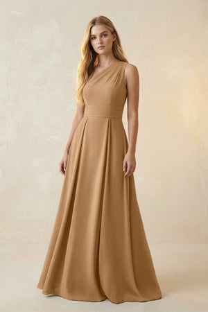 One - Shoulder Ruched A - Line Satin Bridesmaid Dress in Bronzer - KISS BRIDAL Bridesmaid Dresses