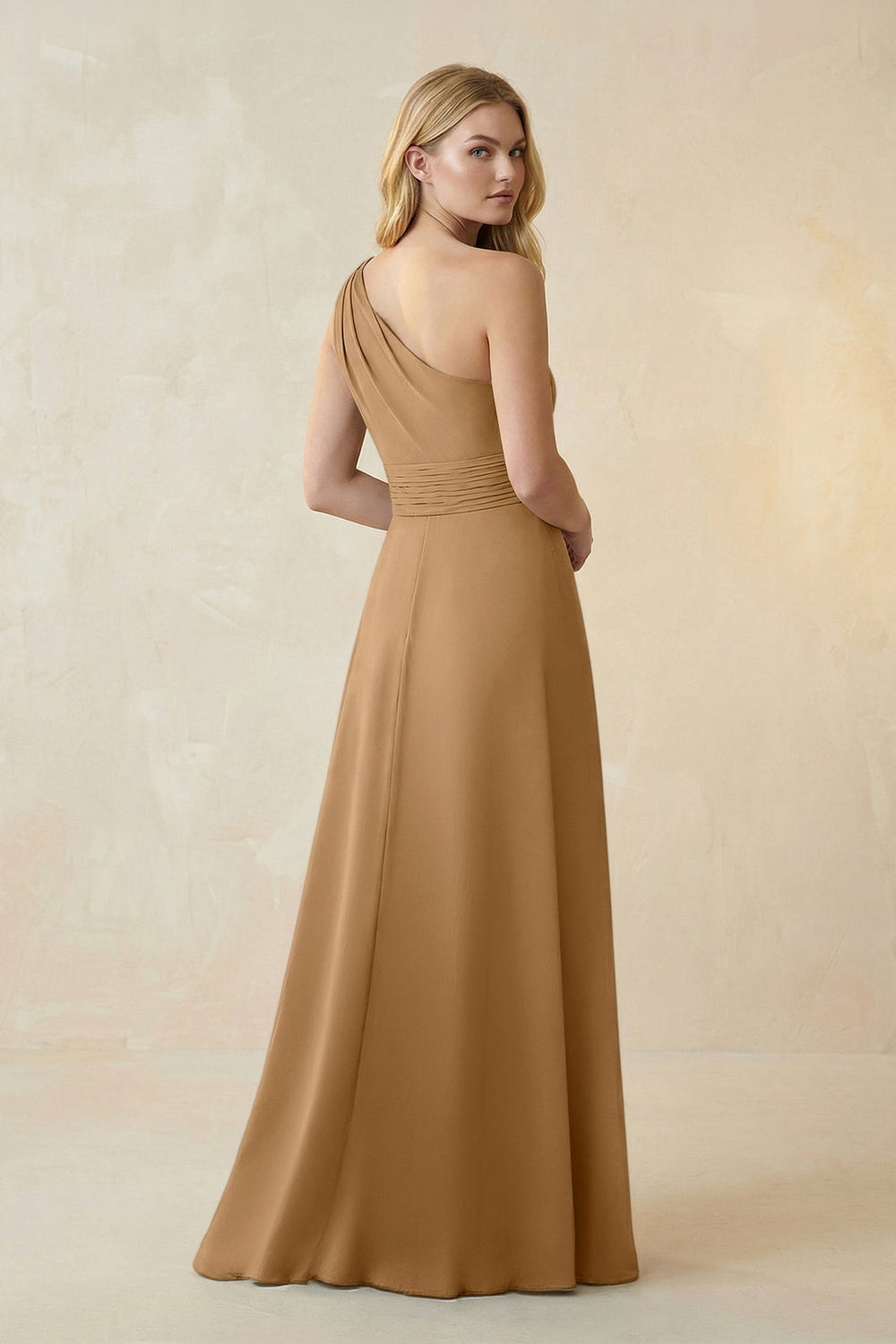 One-Shoulder Ruched A-Line Satin Bridesmaid Dress in Bronzer