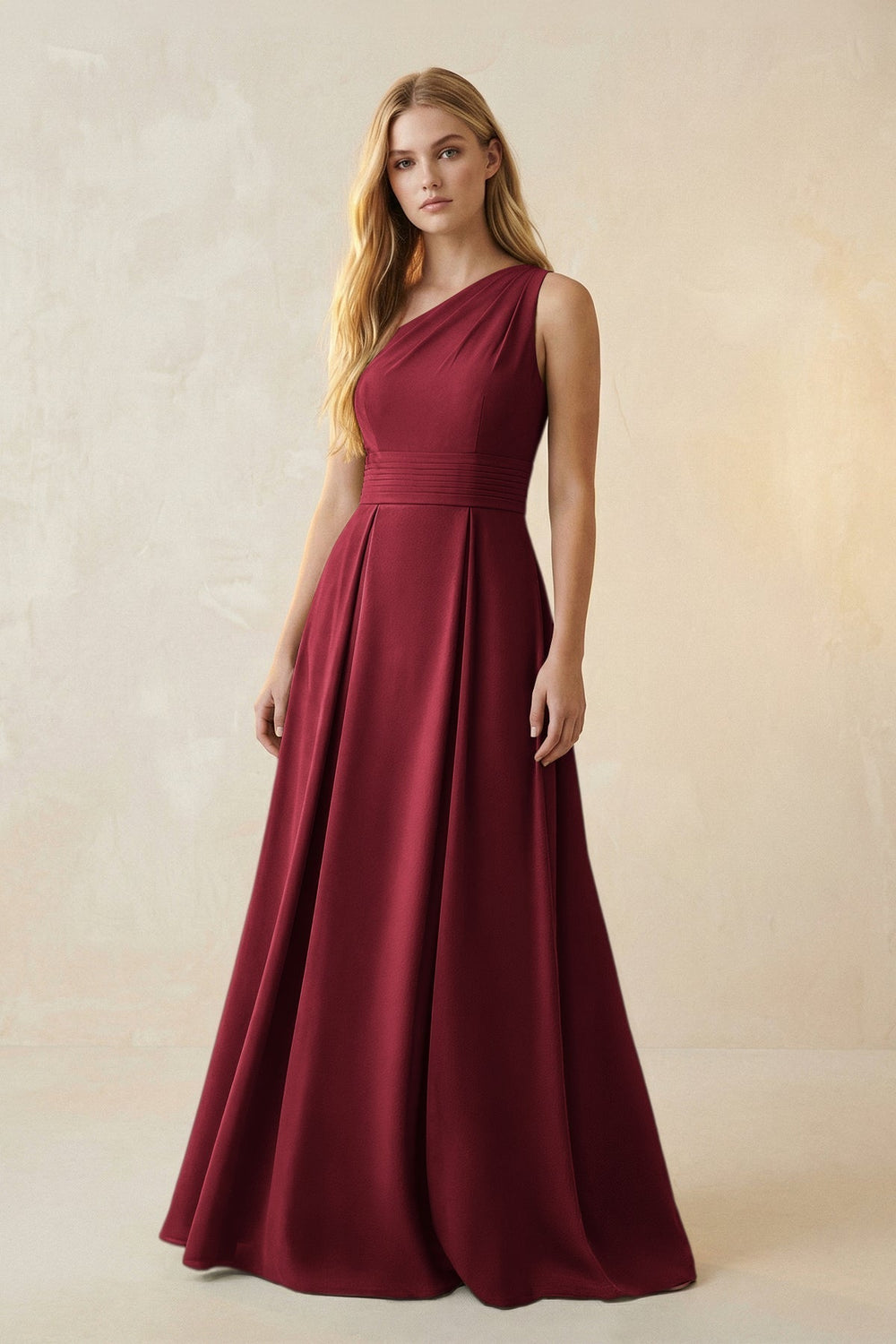 One-Shoulder Ruched A-Line Satin Bridesmaid Dress in Burgundy