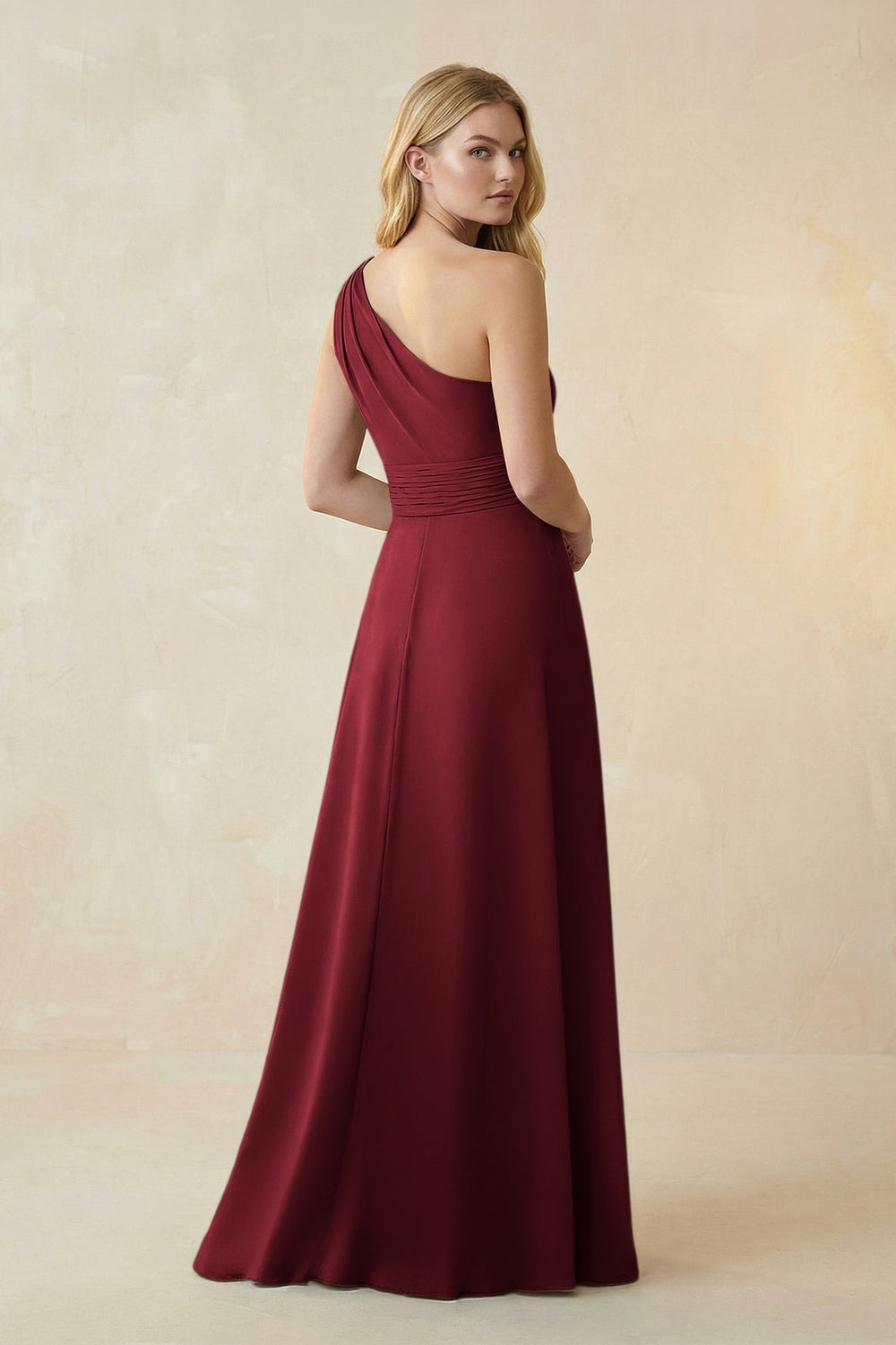 One-Shoulder Ruched A-Line Satin Bridesmaid Dress in Burgundy