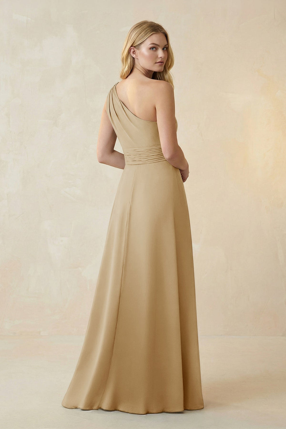 One-Shoulder Ruched A-Line Satin Bridesmaid Dress in Champagne