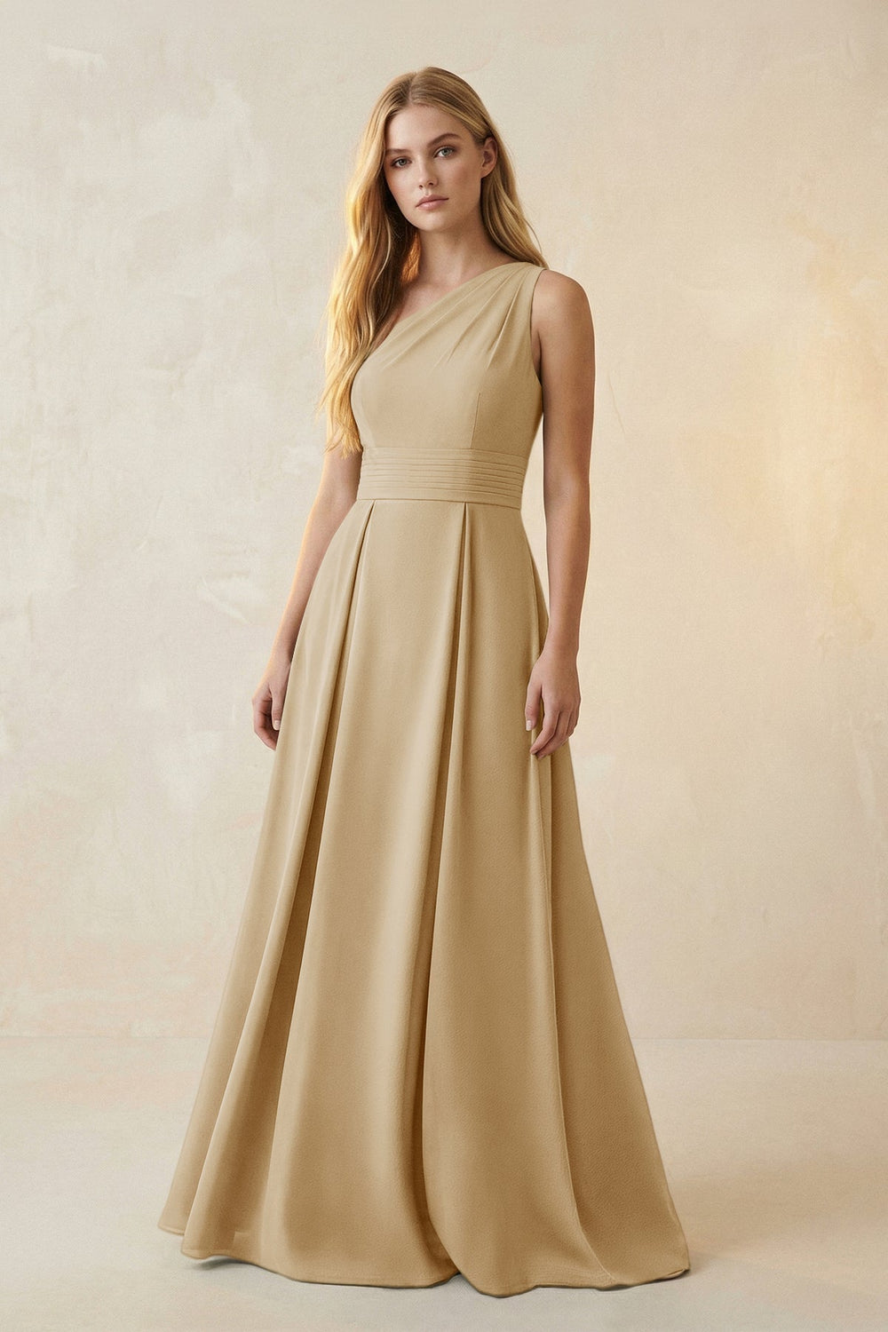 One-Shoulder Ruched A-Line Satin Bridesmaid Dress in Champagne