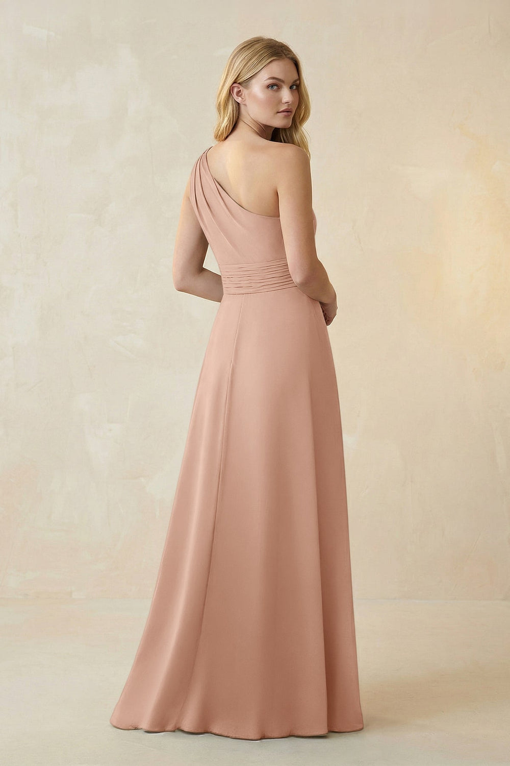 One-Shoulder Ruched A-Line Satin Bridesmaid Dress in Champagne Rose
