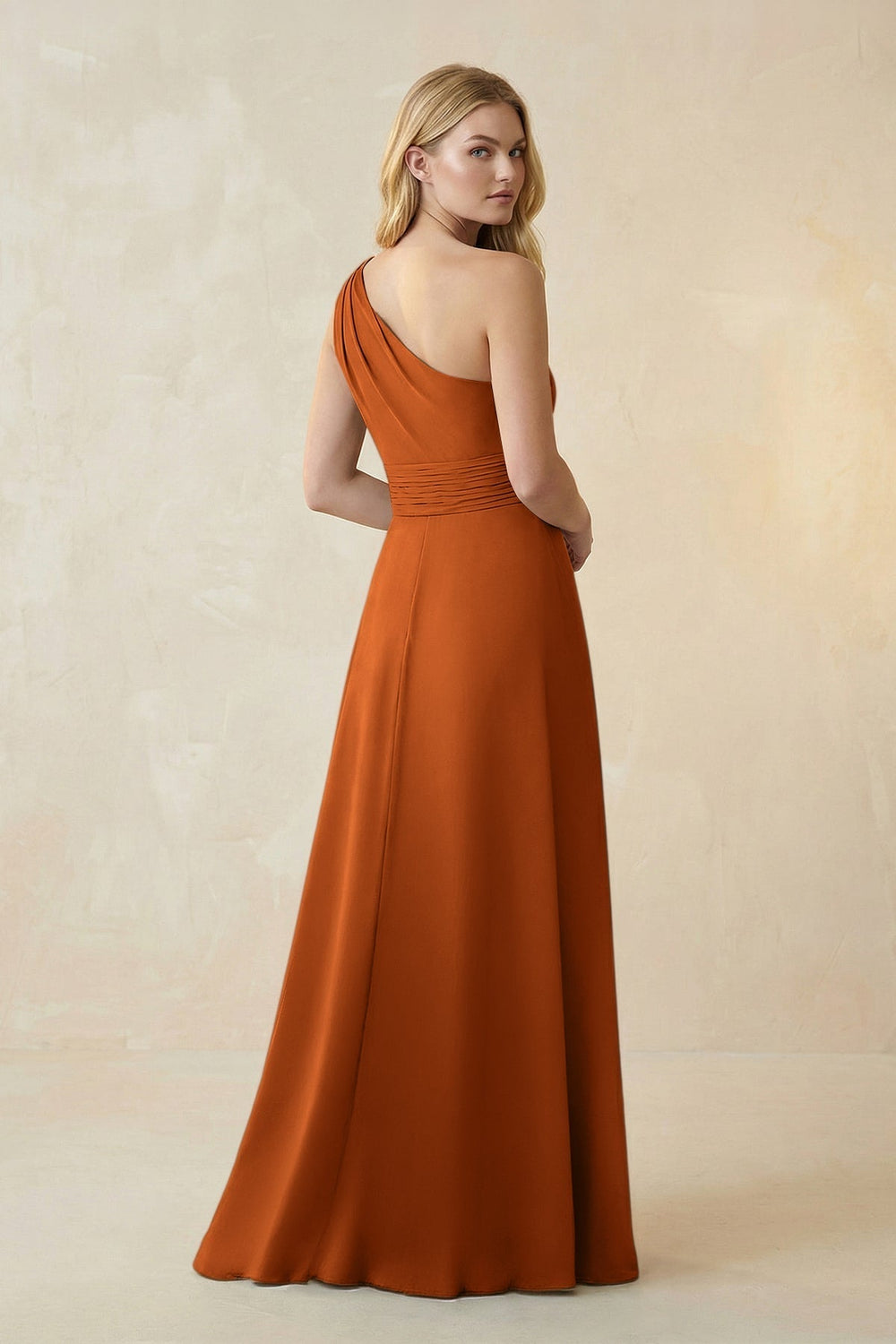 One-Shoulder Ruched A-Line Satin Bridesmaid Dress in Cinnamon