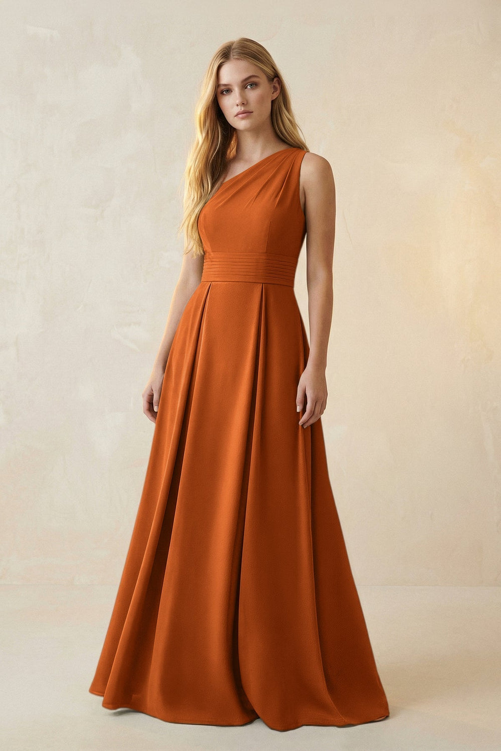 One-Shoulder Ruched A-Line Satin Bridesmaid Dress in Cinnamon