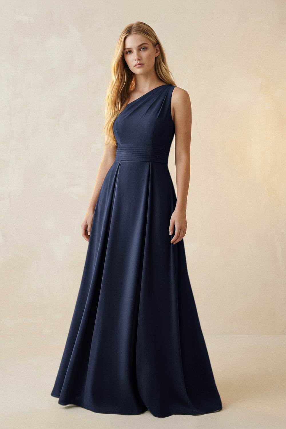 One-Shoulder Ruched A-Line Satin Bridesmaid Dress in Dark Navy