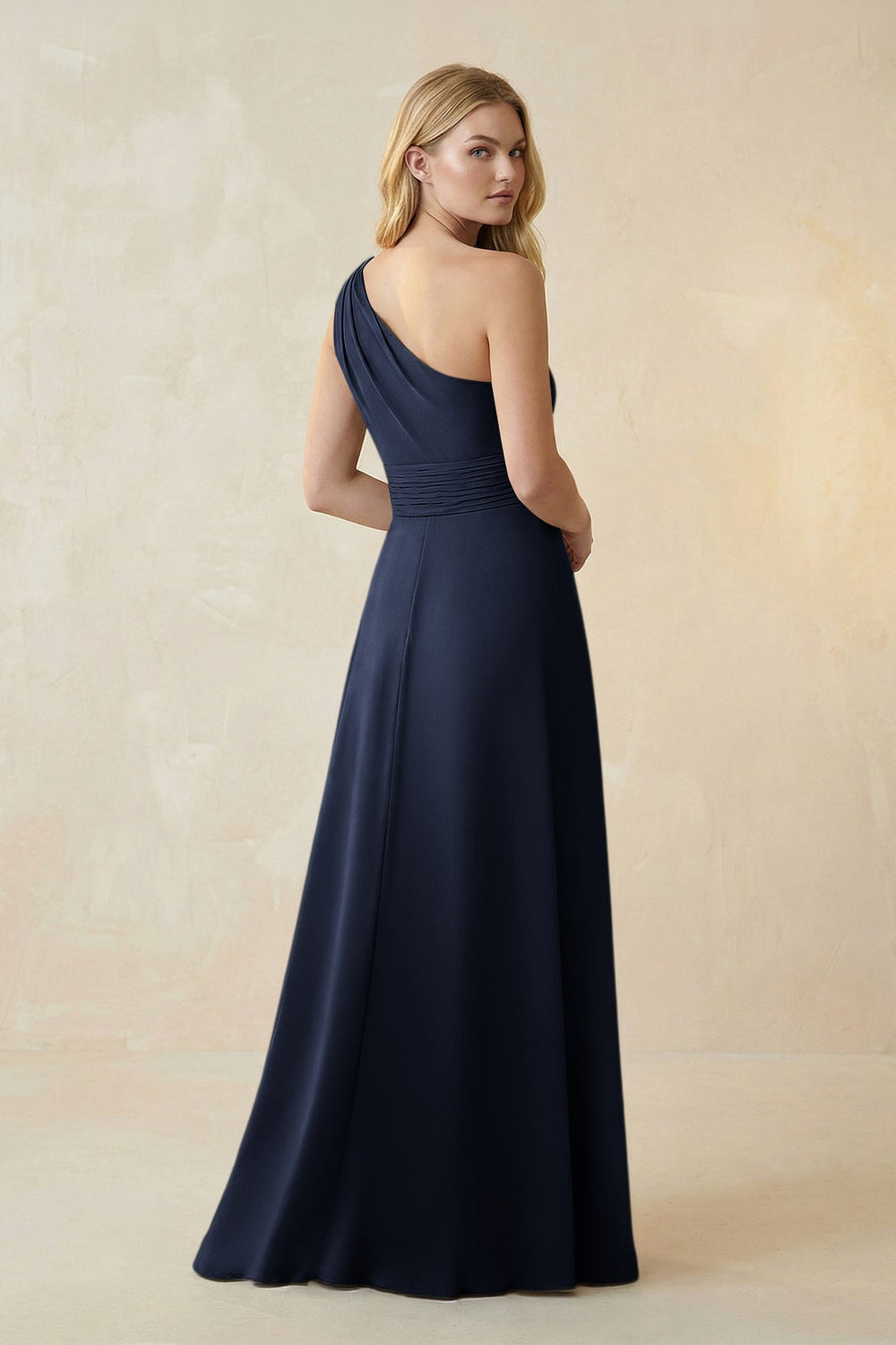 One-Shoulder Ruched A-Line Satin Bridesmaid Dress in Dark Navy