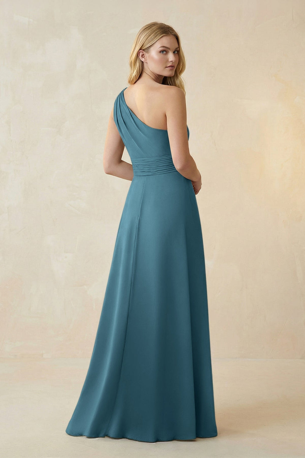 One-Shoulder Ruched A-Line Satin Bridesmaid Dress in Dark Teal