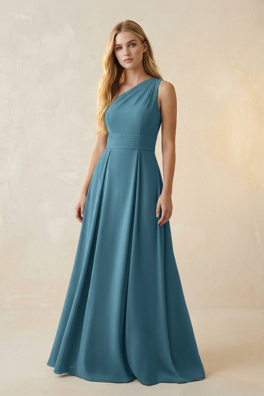 One-Shoulder Ruched A-Line Satin Bridesmaid Dress in Dark Teal