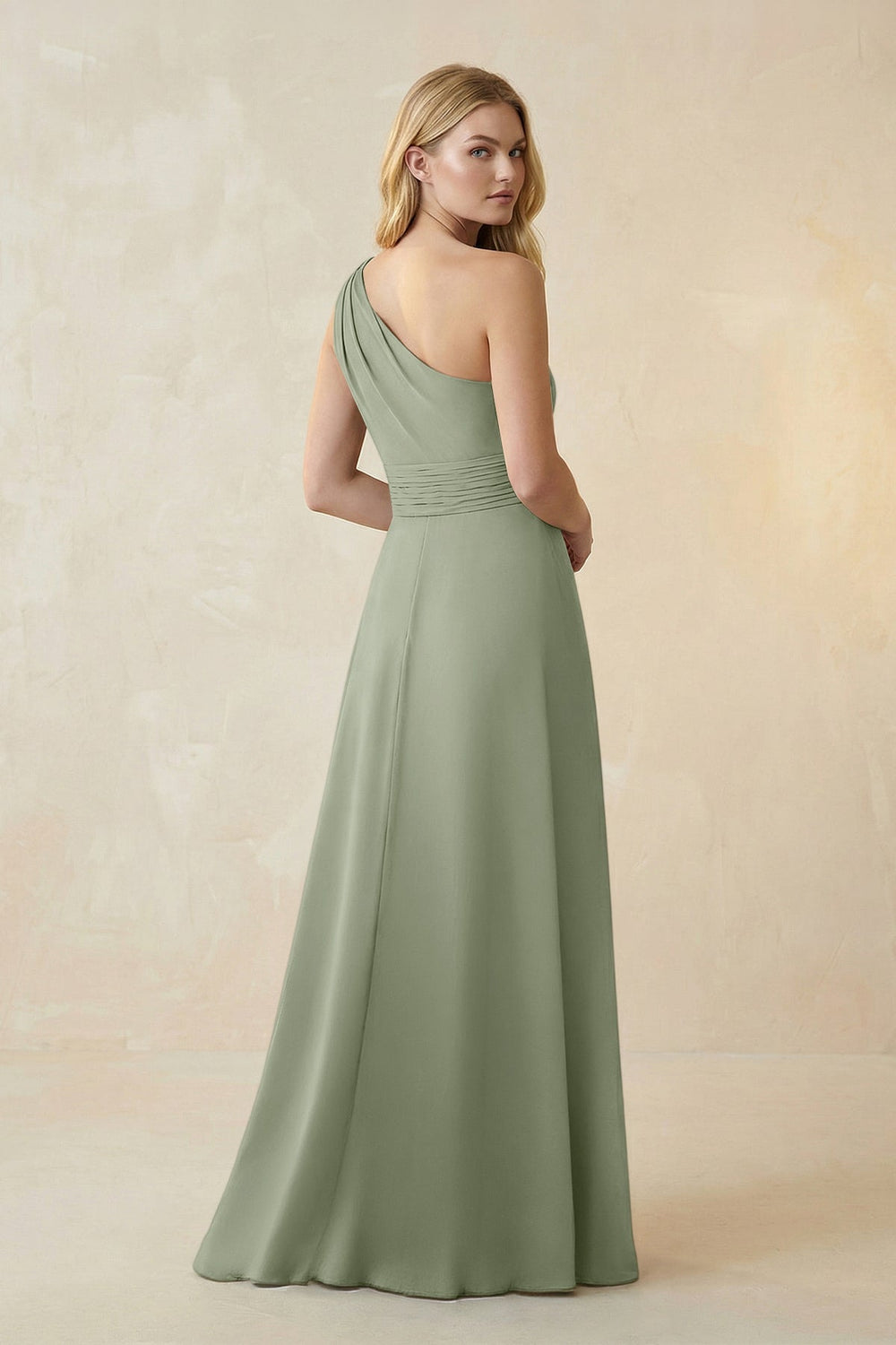 One-Shoulder Ruched A-Line Satin Bridesmaid Dress in Dove Gray