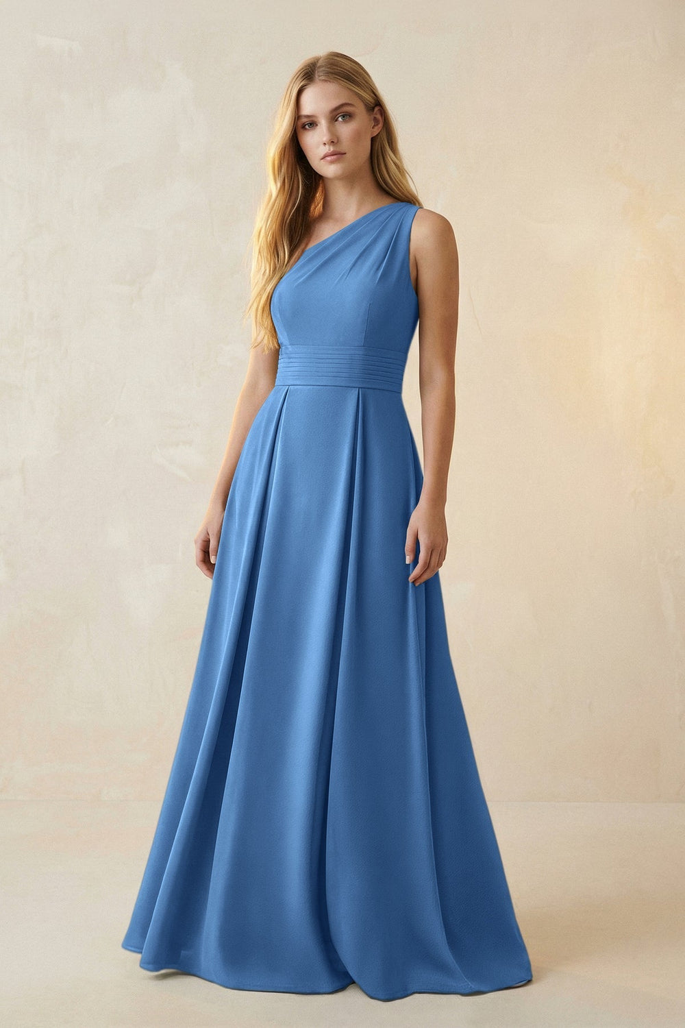 One-Shoulder Ruched A-Line Satin Bridesmaid Dress in Dusty Blue