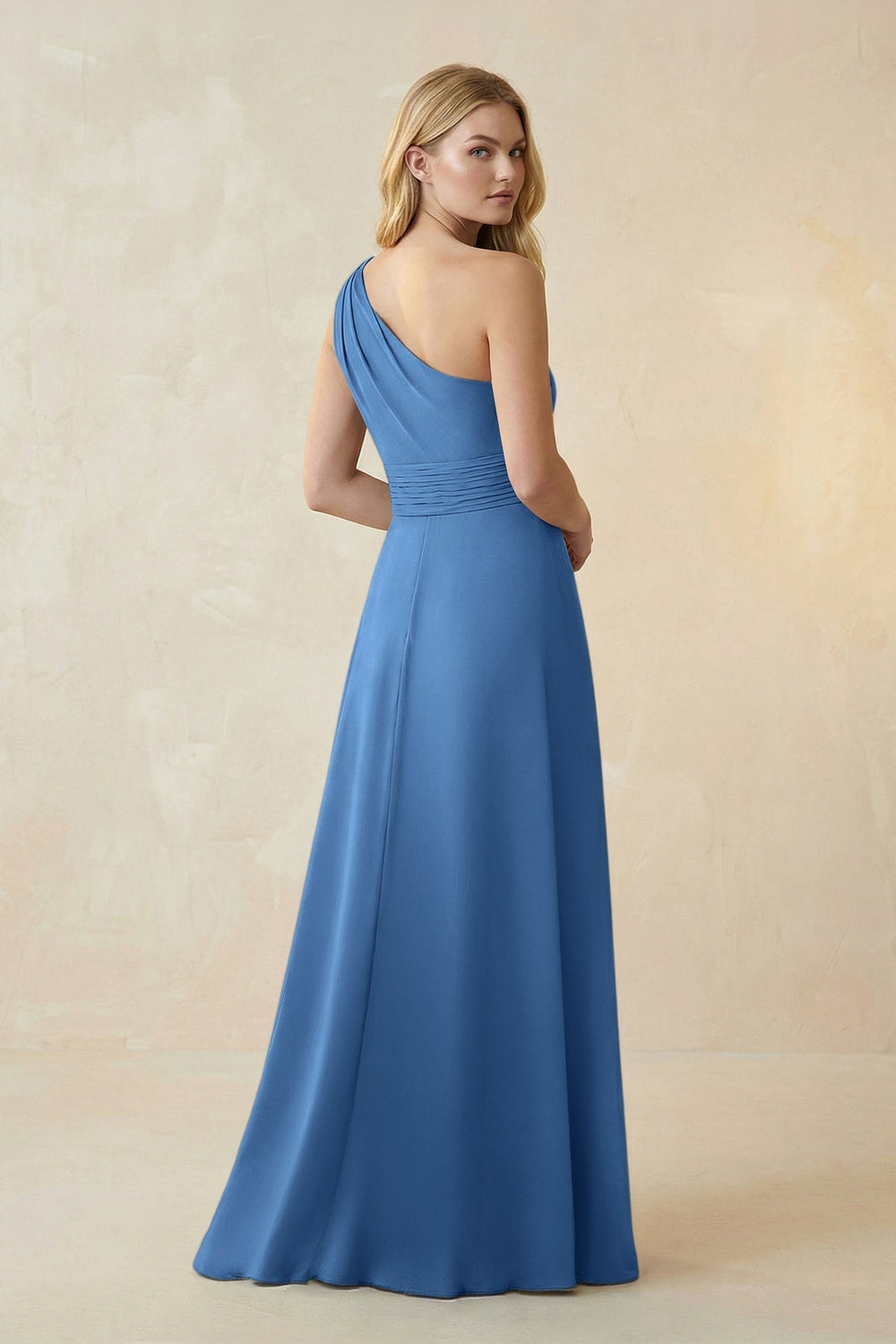 One-Shoulder Ruched A-Line Satin Bridesmaid Dress in Dusty Blue