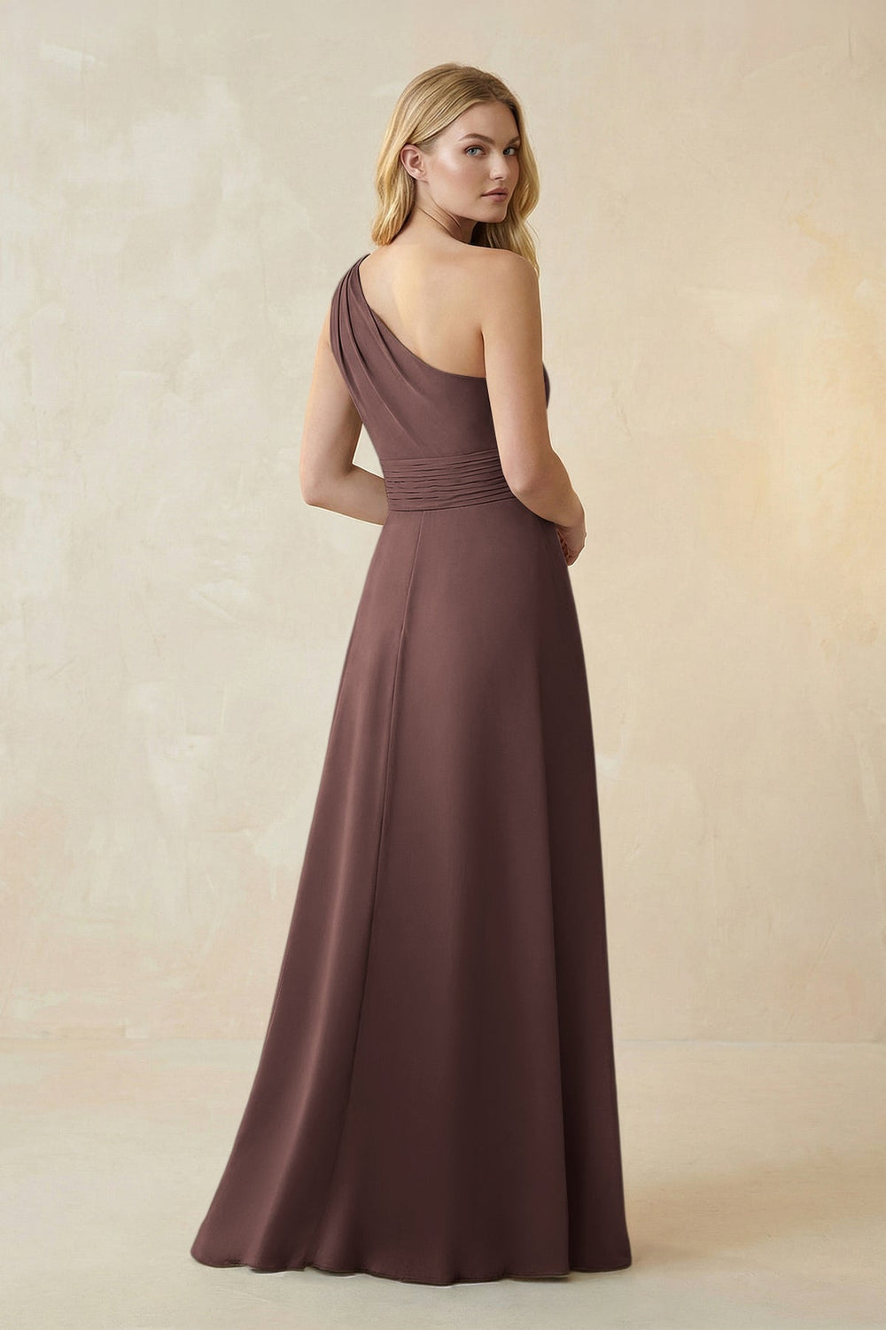 One-Shoulder Ruched A-Line Satin Bridesmaid Dress in Espresso