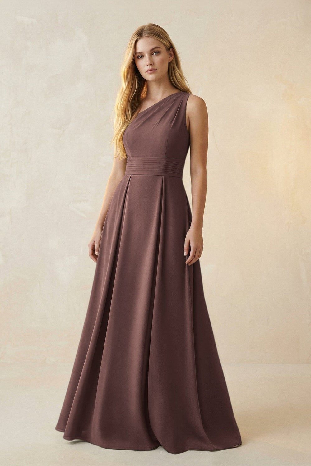 One-Shoulder Ruched A-Line Satin Bridesmaid Dress in Espresso