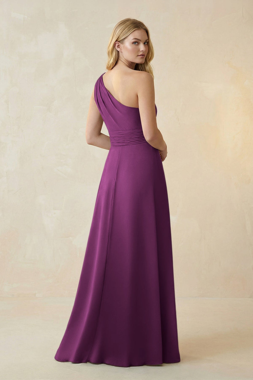 One-Shoulder Ruched A-Line Satin Bridesmaid Dress in Fig