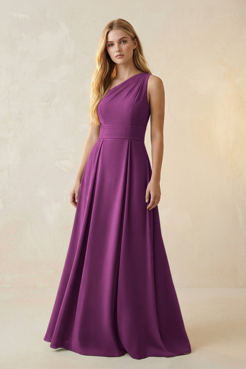 One-Shoulder Ruched A-Line Satin Bridesmaid Dress in Fig