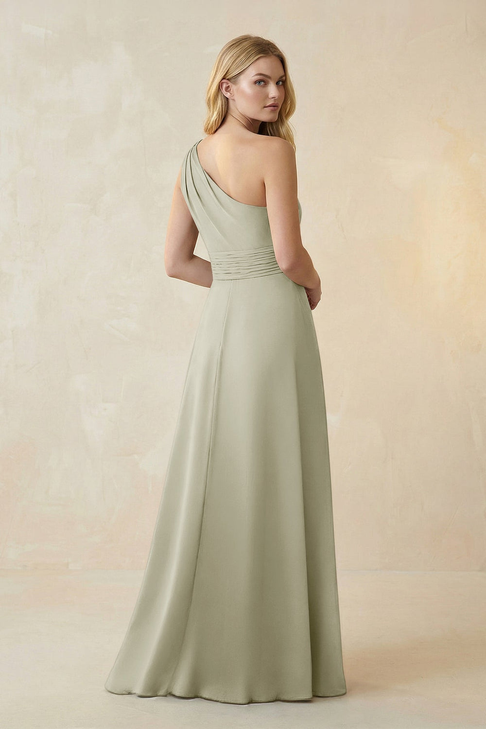 One-Shoulder Ruched A-Line Satin Bridesmaid Dress in Frost