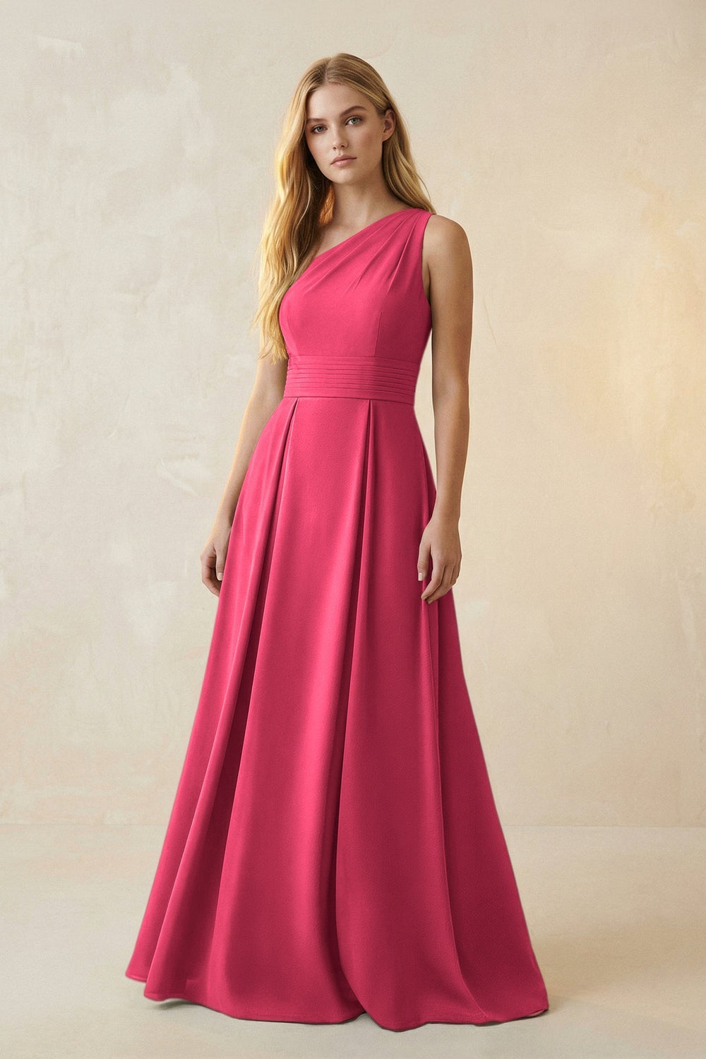 One-Shoulder Ruched A-Line Satin Bridesmaid Dress in Fuchsia
