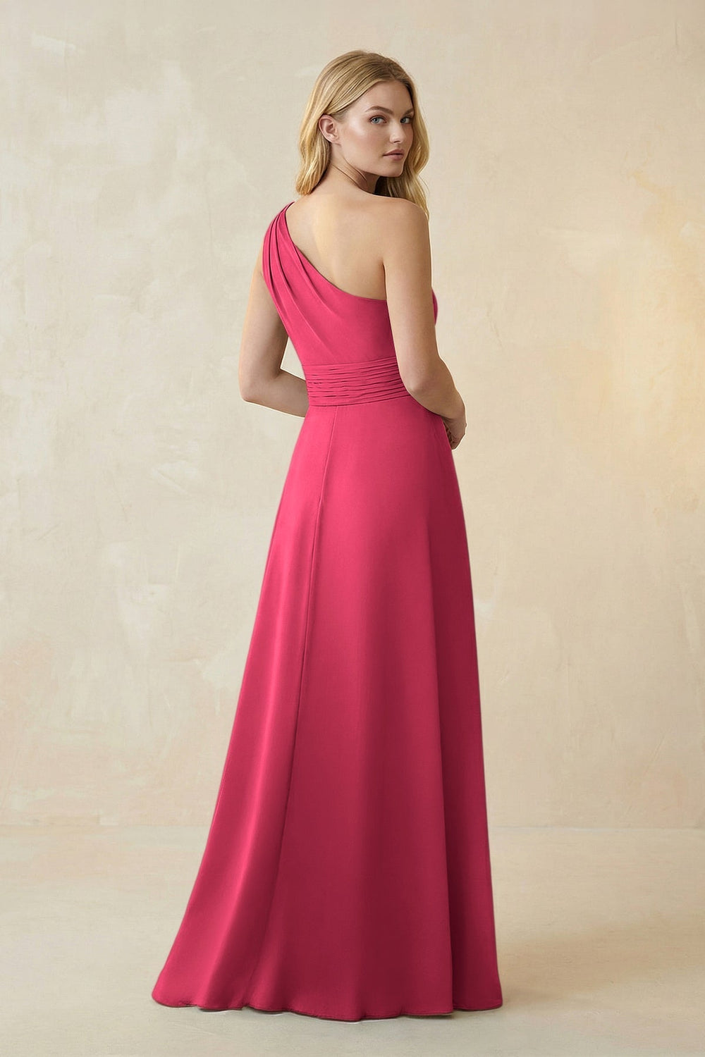 One-Shoulder Ruched A-Line Satin Bridesmaid Dress in Fuchsia