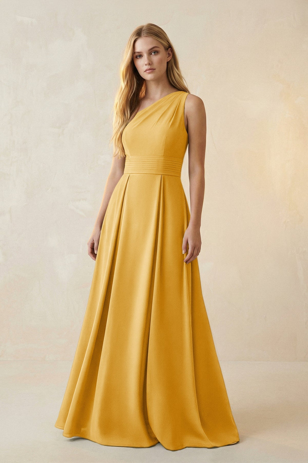 One-Shoulder Ruched A-Line Satin Bridesmaid Dress in Gold